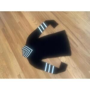 Black V-Neck Sweater with White Stripes on Collar and Sleeves